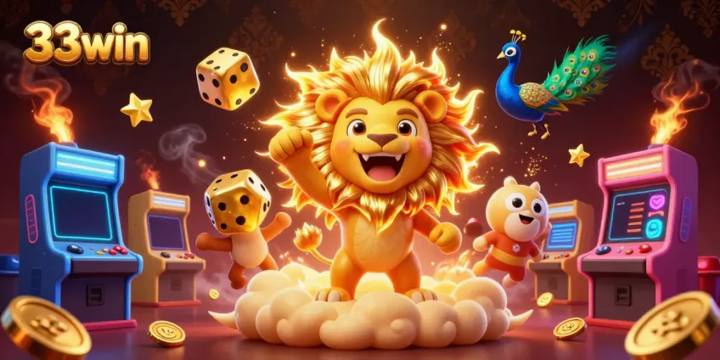 Experience thrilling games with 33win, featuring vibrant casino elements and game characters.