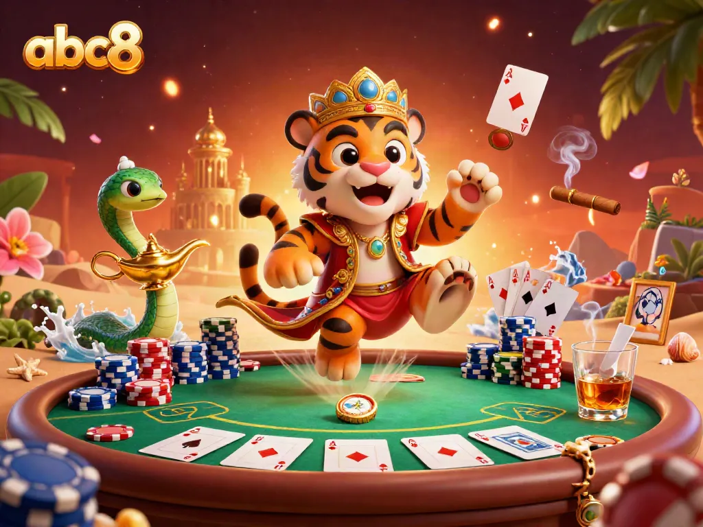 Engage with abc8 to experience a vibrant casino scene featuring a tiger sultan, poker elements, and a magical atmosphere.