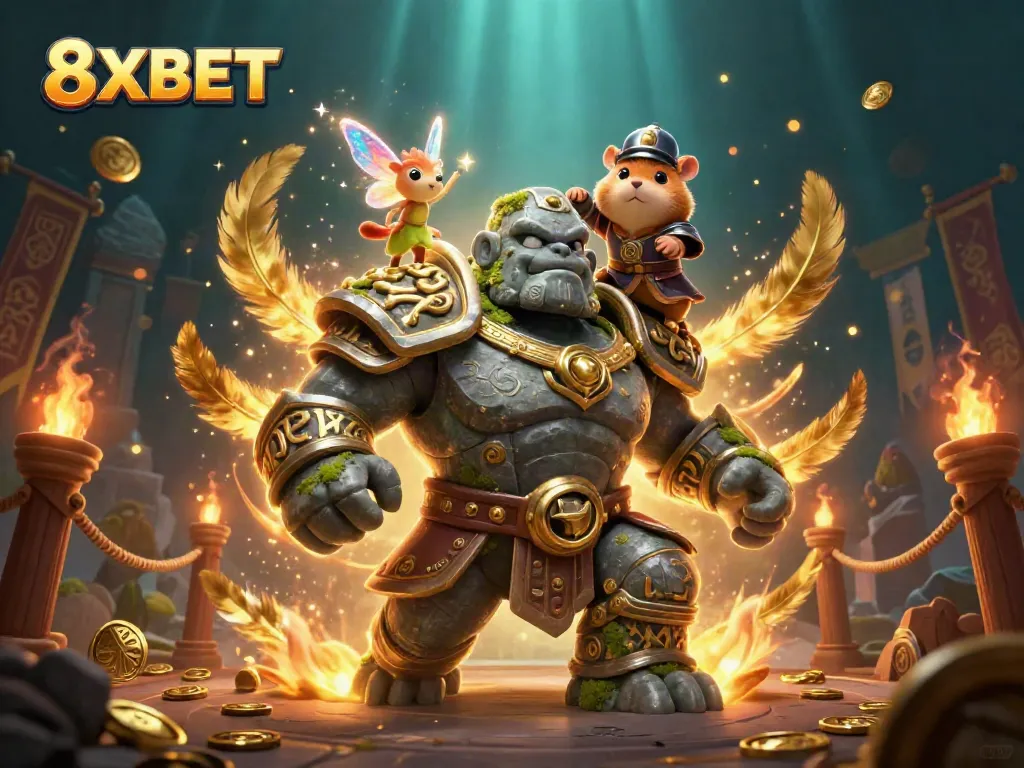 8XBET golem and fairy casting magic in a vibrant casino-themed arena.