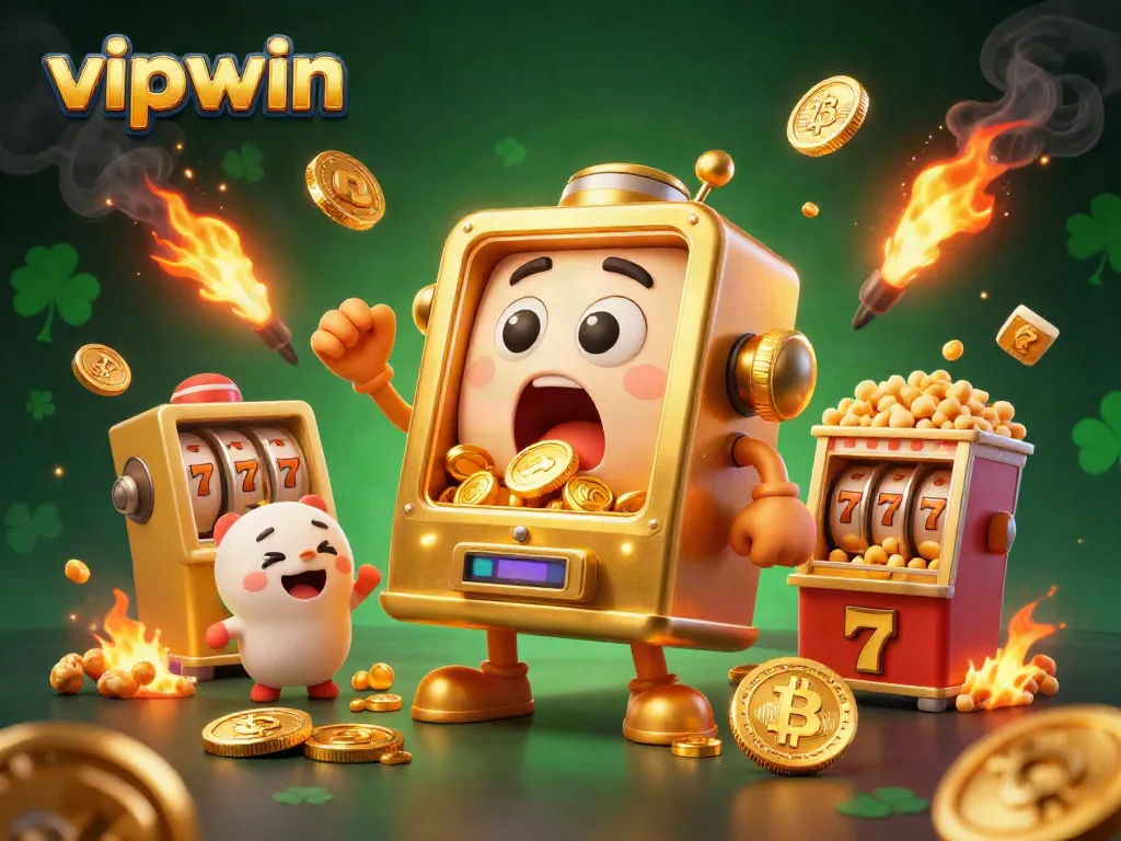 Experience gambling excitement as a vipwin slot machine hits the jackpot, surrounded by cheering cartoon machines and crypto coins.