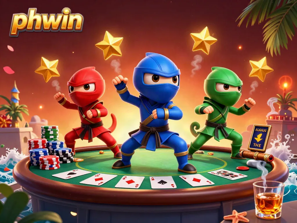 Experience thrilling gaming with phwin through a dynamic scene featuring ninja chameleons and poker elements.