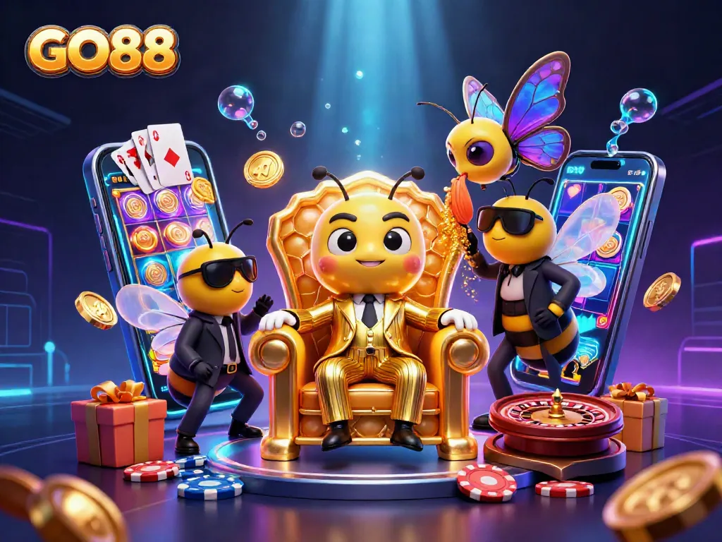 Experience the excitement of GO88 with a vibrant 3D scene featuring a bumblebee mob boss and casino elements.