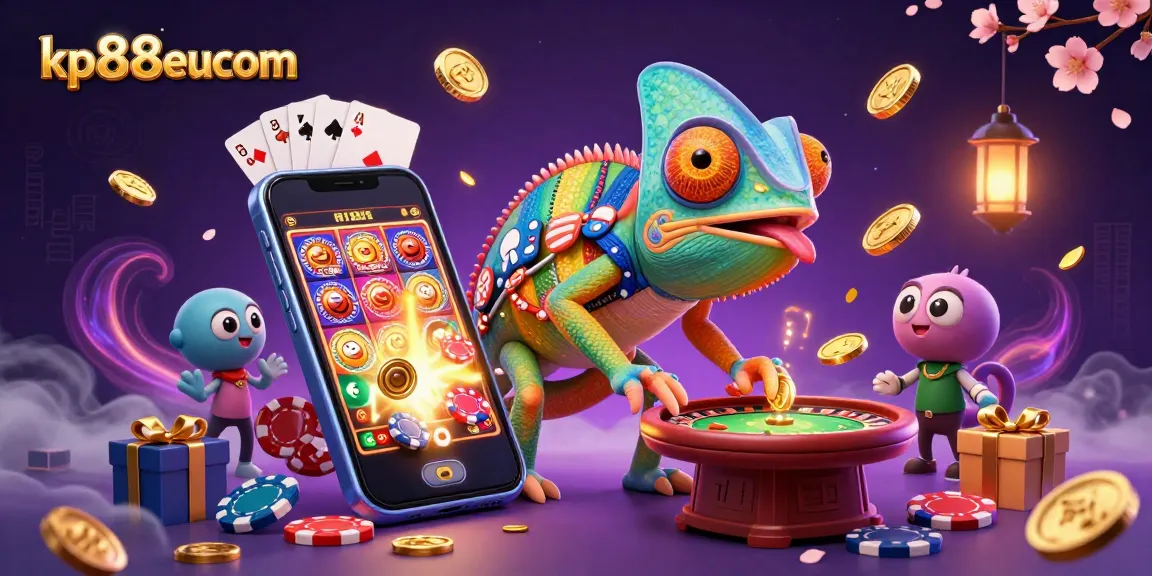 Engage with kp88eucom’s vibrant casino scene showcasing a chameleon owner and dynamic gaming elements.
