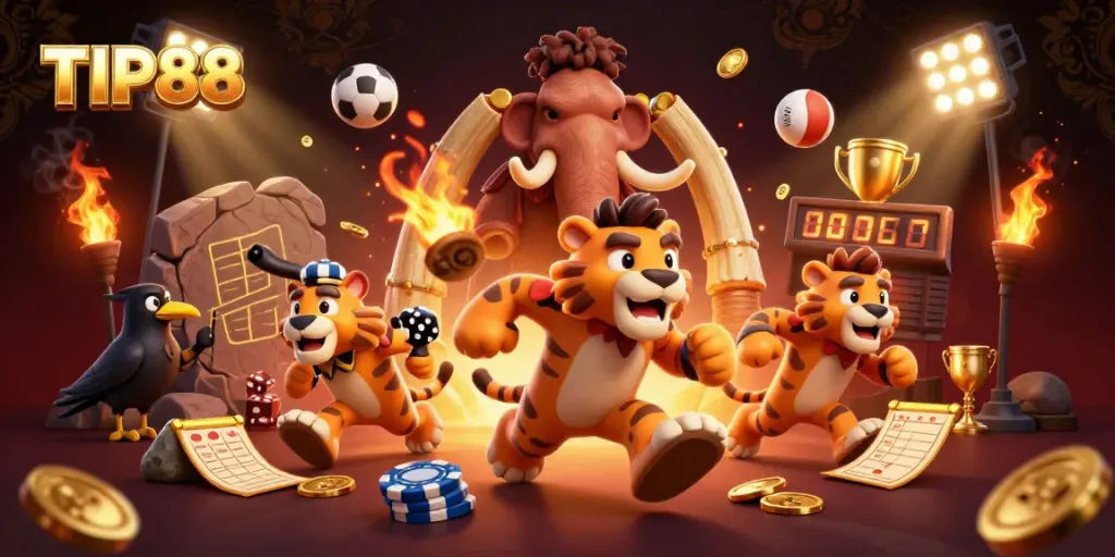 TIP88 players enjoying a thrilling casino experience with vibrant 3D elements and dynamic gambling action.