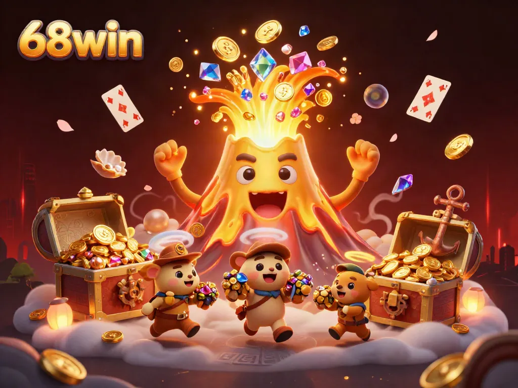 Experience thrilling gameplay at 68win as a golden volcano erupts with treasures in a vibrant casino scene.