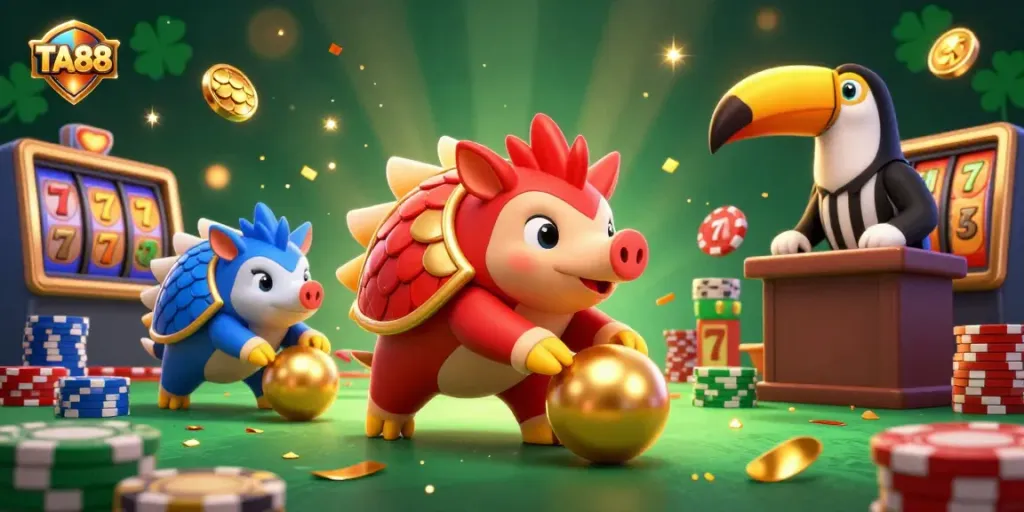 TA88 casino pangolins bowling through poker chips in a vibrant gambling scene with 3D slot elements.