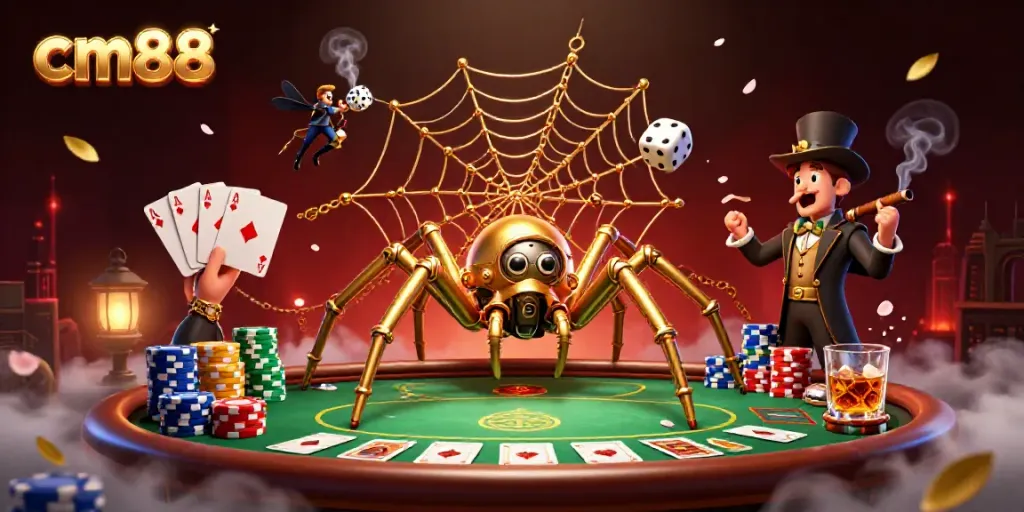 Experience thrilling cm88 gameplay with an intricate spider web of golden chains, poker chips, and a Victorian fly gentleman.