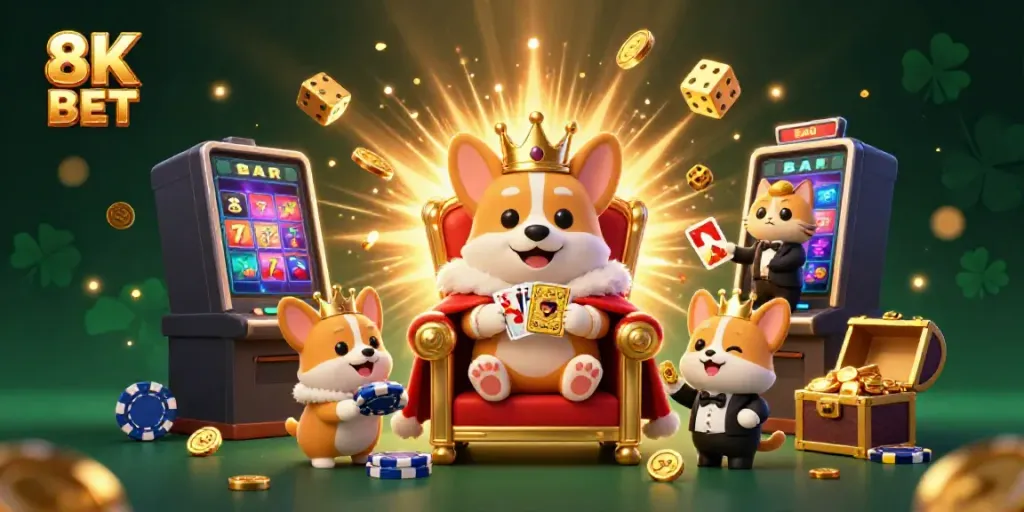 Experience the vibrant world of 8K BET with a royal corgi on a throne of poker chips, enhanced by a jackpot explosion.