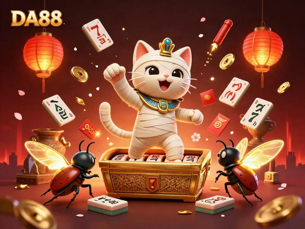 Engage in thrilling games at DA88, where a mummy cat bursts from a casino sarcophagus.