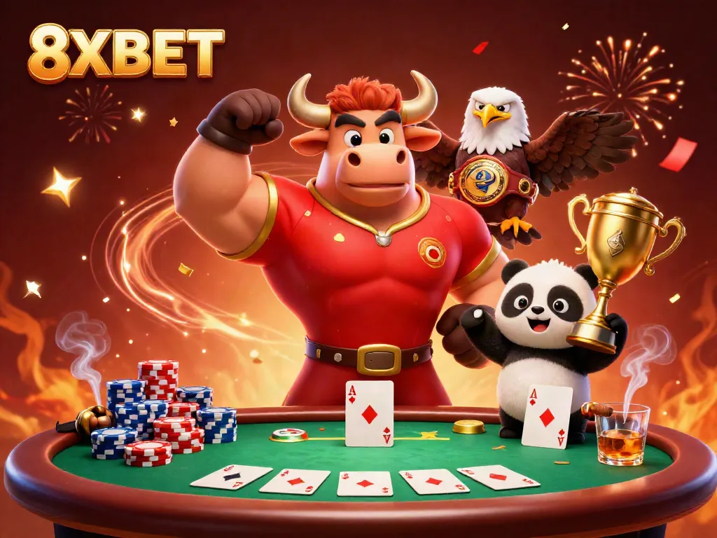 Experience success with 8XBET, featuring a victorious bull mascot surrounded by poker elements.