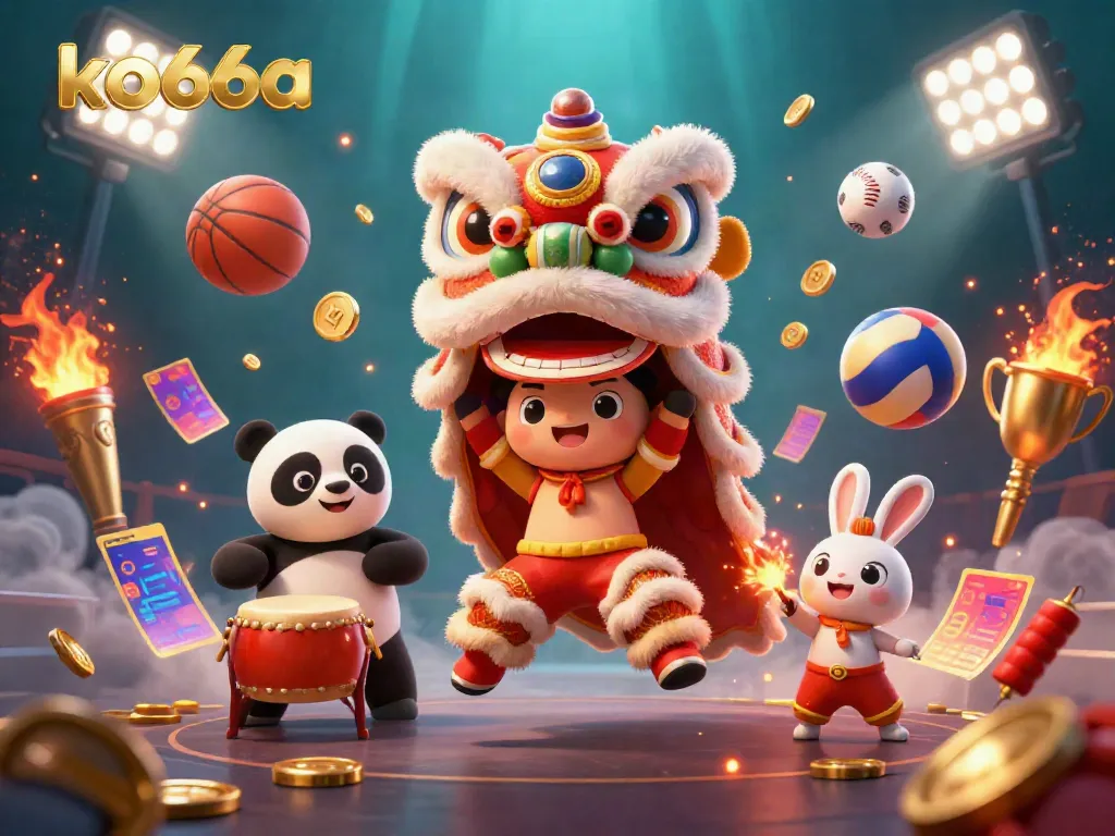 Win big with ko66a in a festive 3D illustration showcasing vibrant characters and dynamic sports elements.