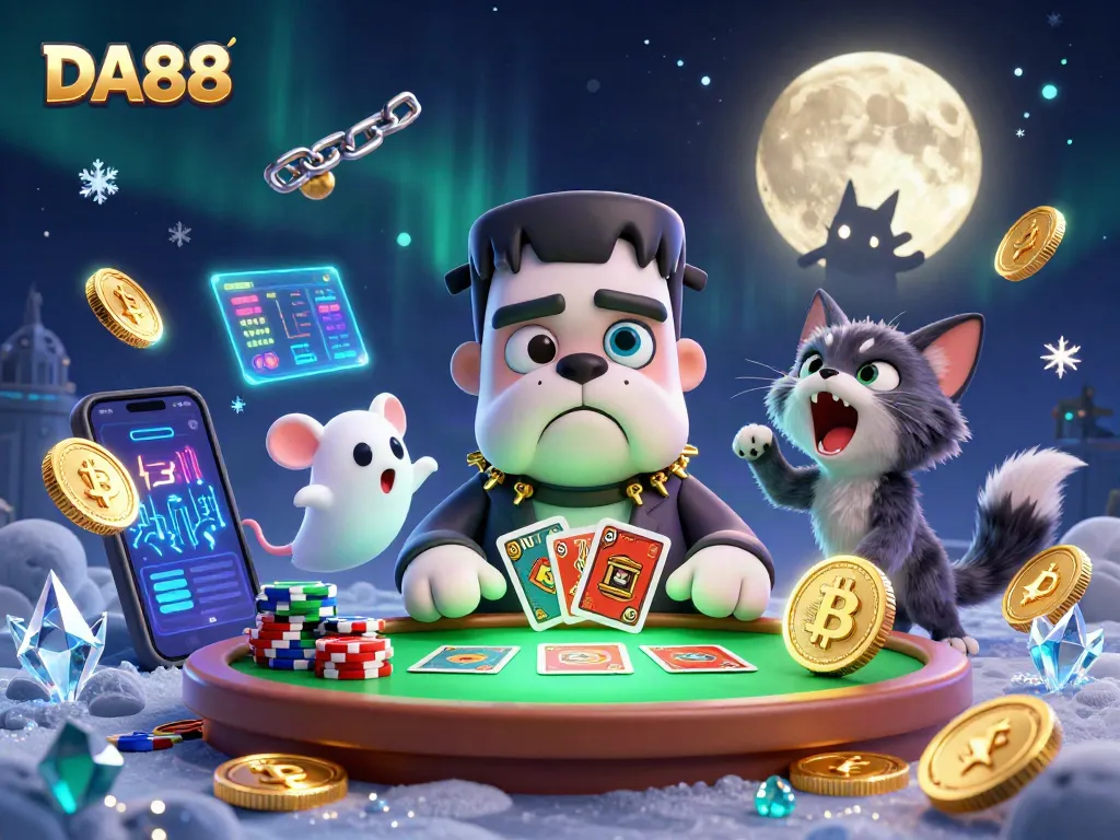 Engage with DA88's unique card games, featuring a whimsical 3D bulldog dealer and vibrant elements.