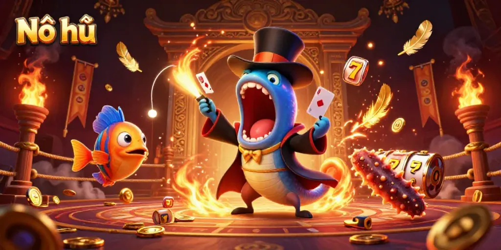 Nổ hũ scene with a bioluminescent deep-sea gulper eel performing card tricks in a casino setting.
