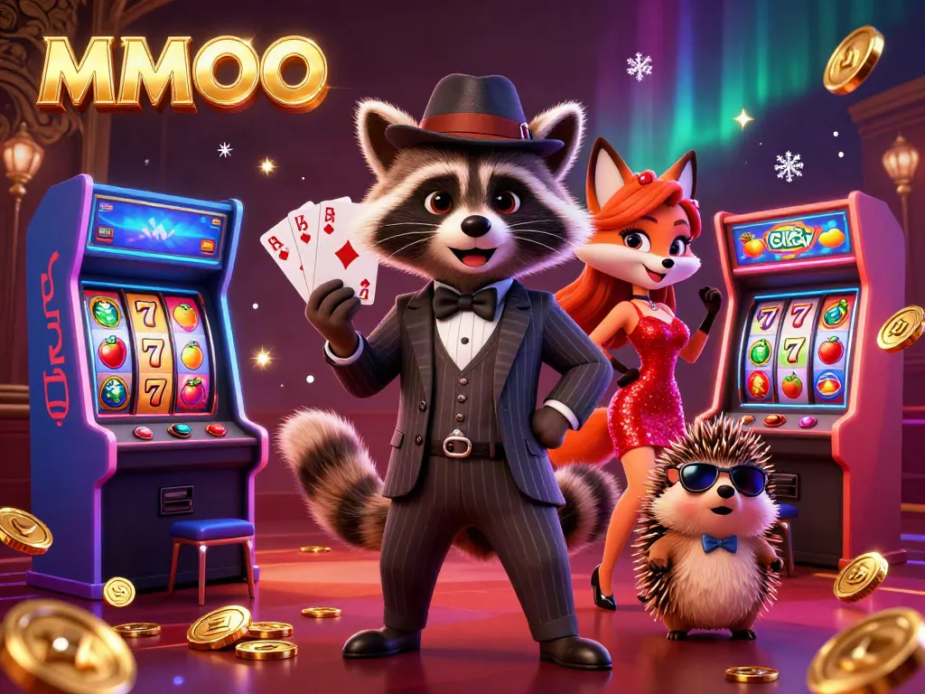 Experience exhilarating slot action with MMOO in a vibrant casino scene filled with animated characters and sparkling game elements.