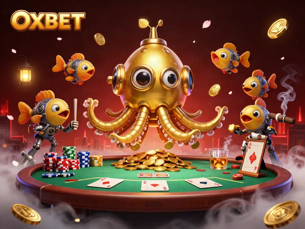 Experience thrilling games at OXBET with a vibrant gambling scene featuring a kraken and poker elements.