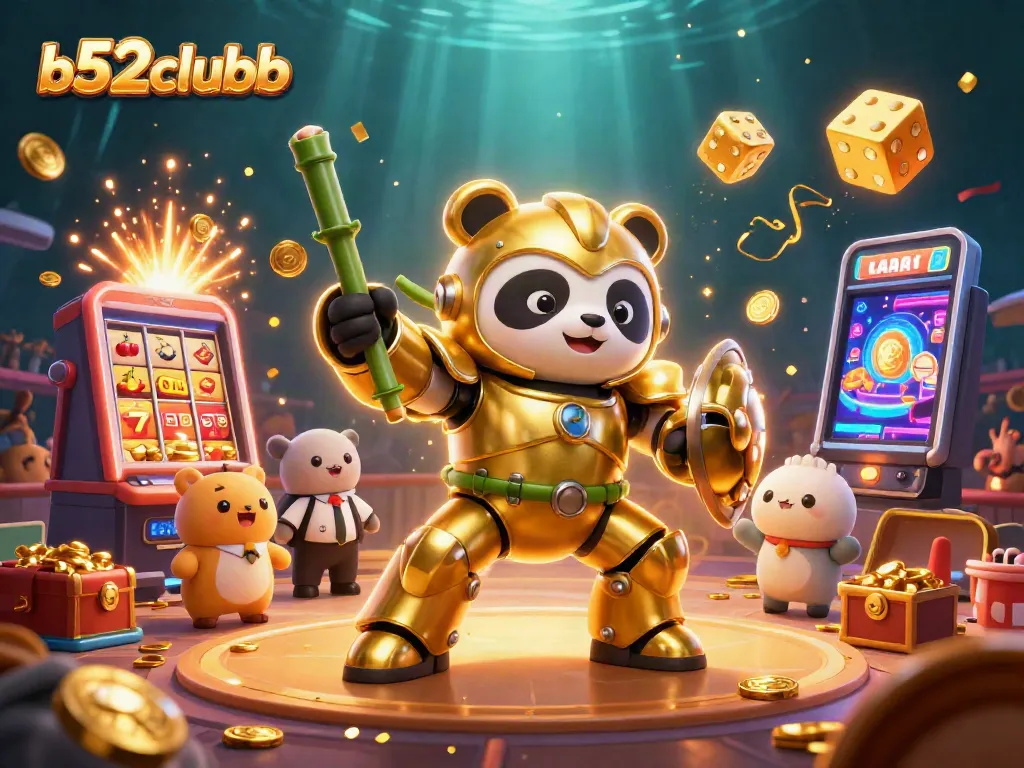b52clubb showcases a vibrant 3D casino scene featuring a panda in mech-suit amidst slot machines and cheering spectators.