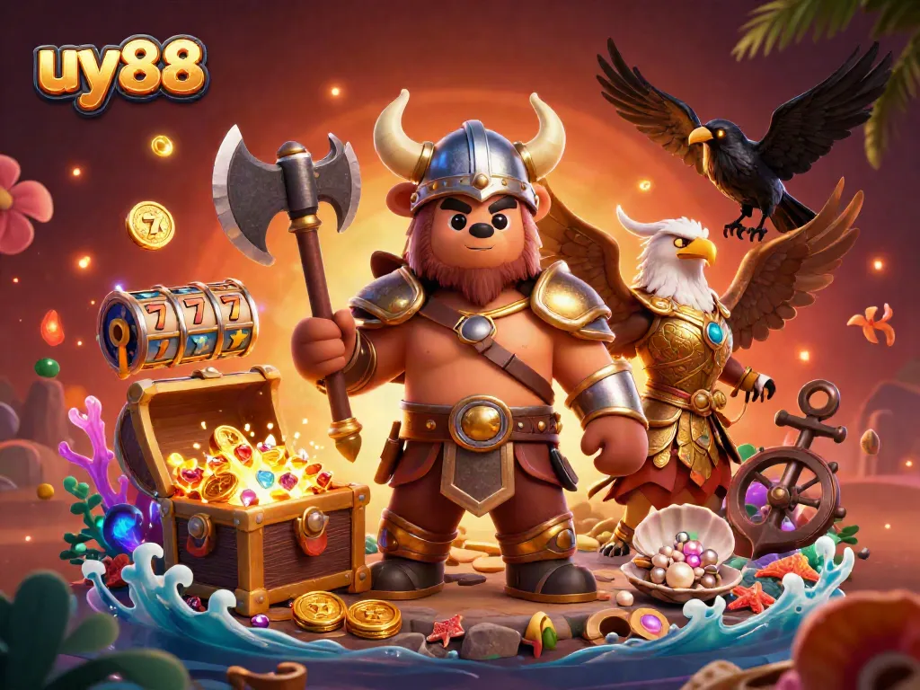 Engage with thrilling gaming experiences at uy88, featuring Viking characters in an immersive casino scene.