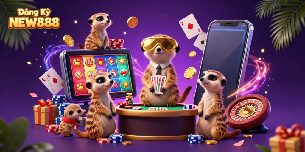 Experience the excitement of Đăng Ký NEW888 as playful meerkats run a bustling casino operation, complete with colorful gaming elements.