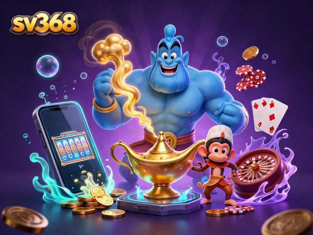 Experience thrilling wins at sv368 with a genie, poker chips, and slot games in a vibrant, magical scene.