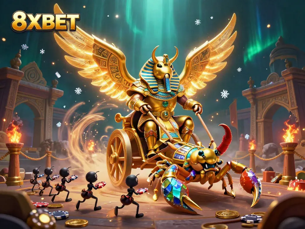 8XBET showcases vibrant casino adventure with golden scarab charioteer amidst gaming icons.