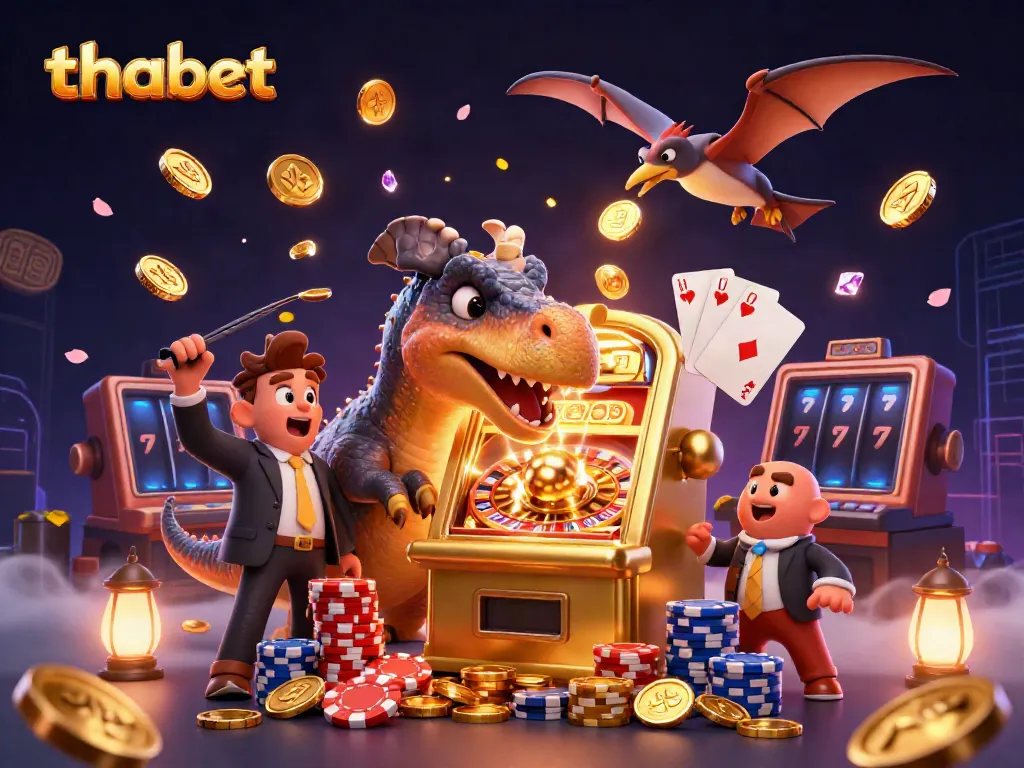 Thabet's pachycephalosaurus winning coins from a golden slot machine in a vibrant casino scene.