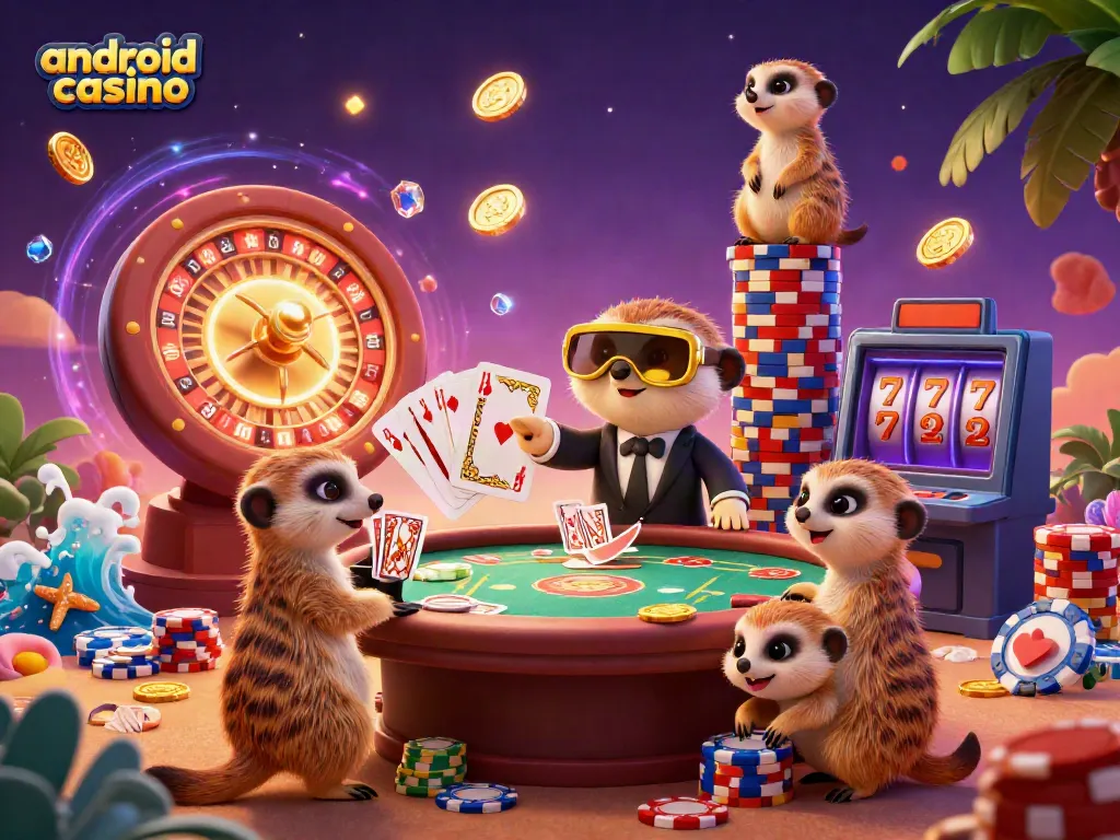 Experience the excitement of android casino games with this dynamic meerkat casino scene featuring vibrant characters and game elements.