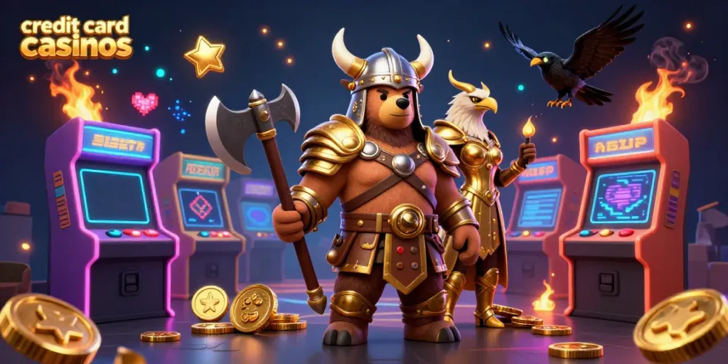 Experience dynamic gameplay at credit card casinos with vibrant characters and game elements amidst golden visuals.