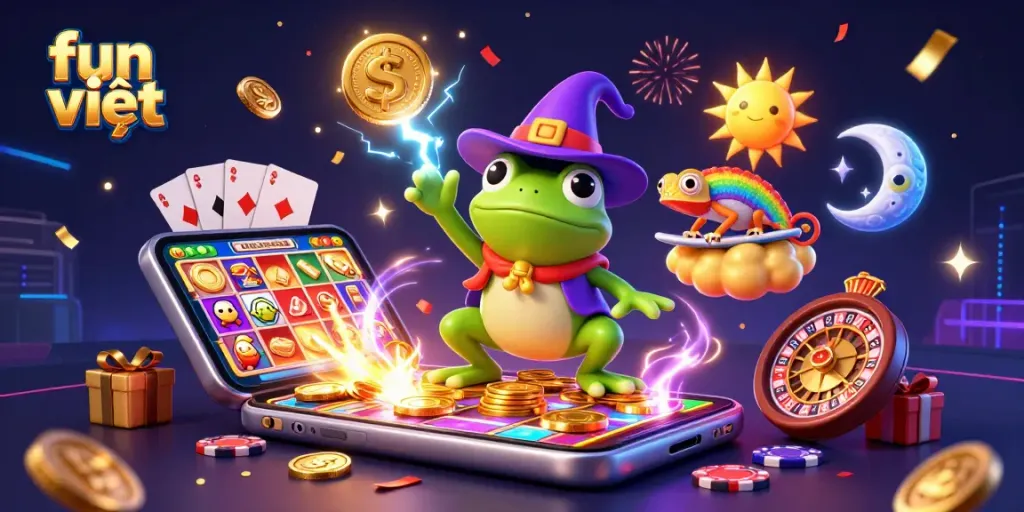 Engage in fun việt gaming with a weather wizard frog and chameleon amid a vibrant casino scene.