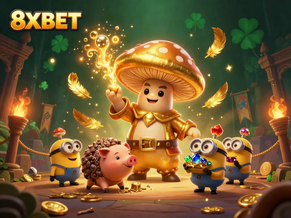 Immerse in the magical world of 8XBET with a golden mushroom wizard and treasures swirling around, enhancing your gaming experience.