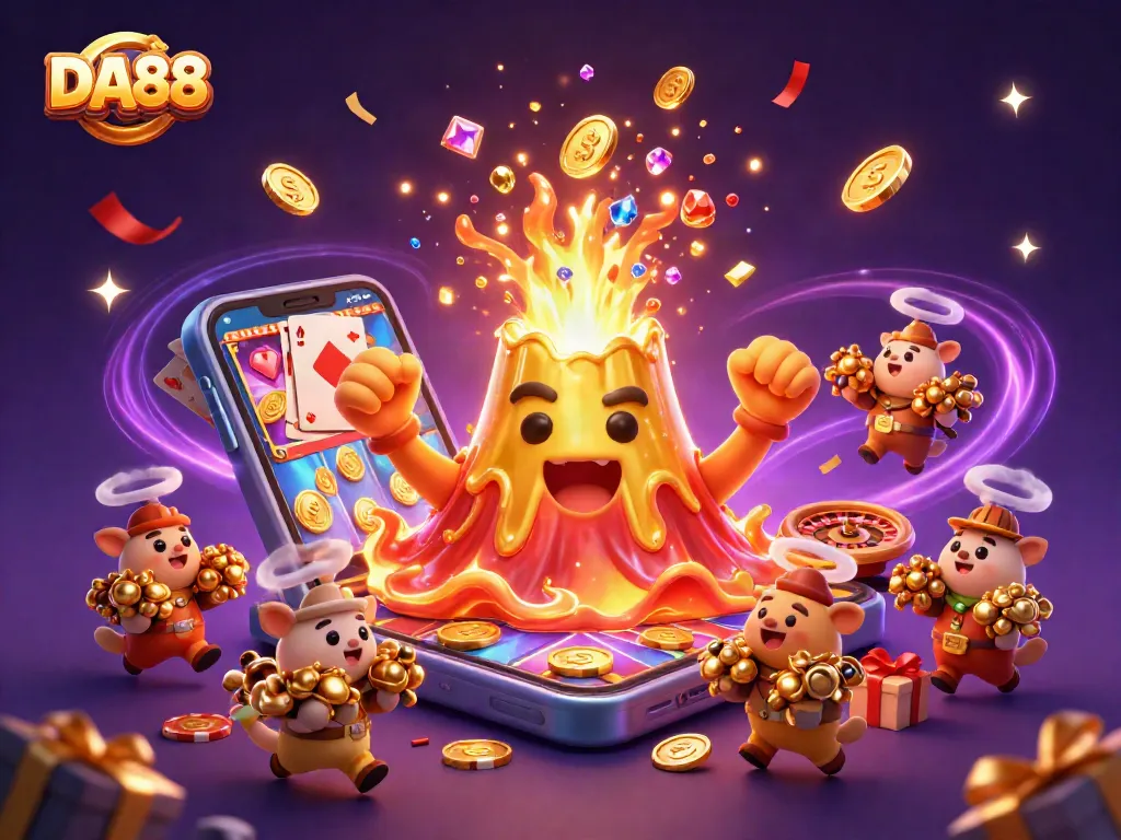 DA88 unleashes treasures in a visual burst of coins and gems amidst a vibrant casino scene.