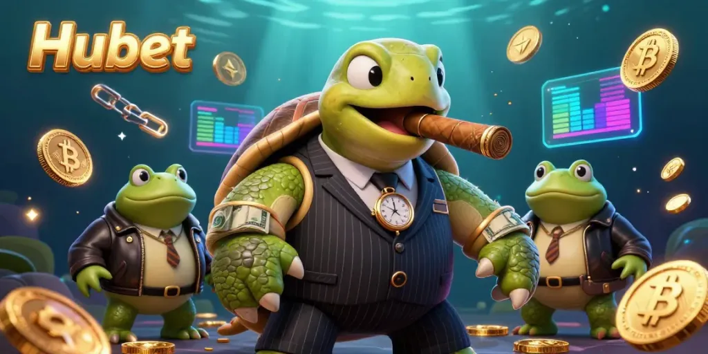 Experience thrilling gaming with Hubet's mobster turtle character and crypto coins lighting up the scene.
