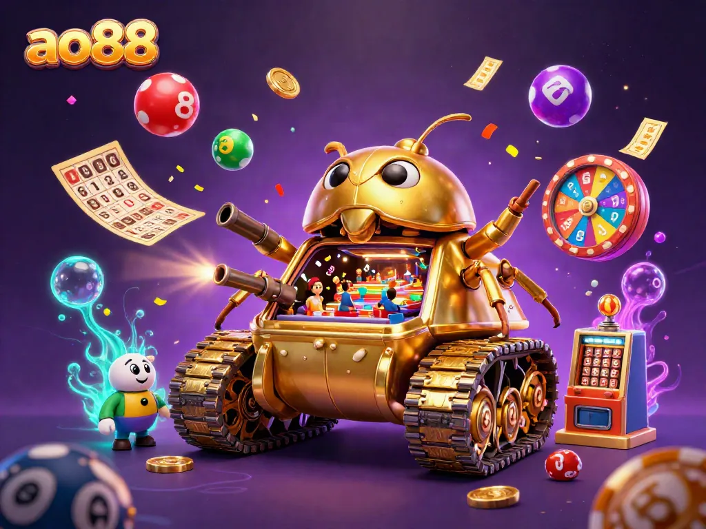 Experience vibrant gaming action in ao88's dynamic casino ecosystem with golden beetle tank and lottery elements.