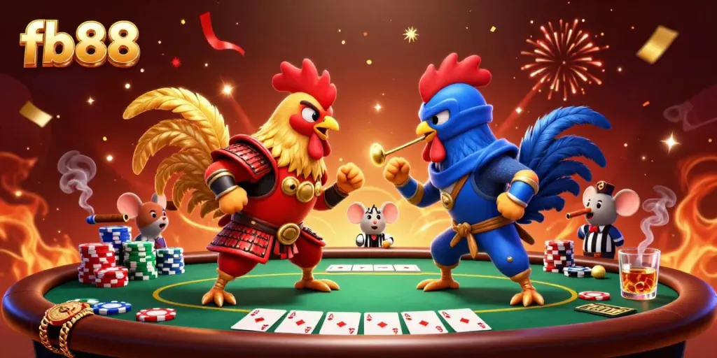 Experience engaging gambling action at fb88 with cartoon roosters and poker elements in a vibrant scene.