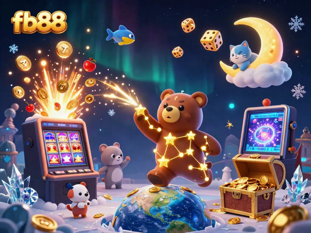 Experience dazzling jackpots at fb88 with a cosmic bear, jackpot symbols, and vibrant casino games.