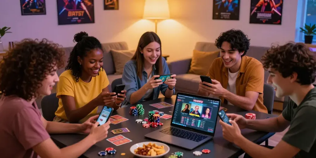 Exciting group of friends enjoying 3 Patti no1 card game on smartphones in a cozy living room setting.