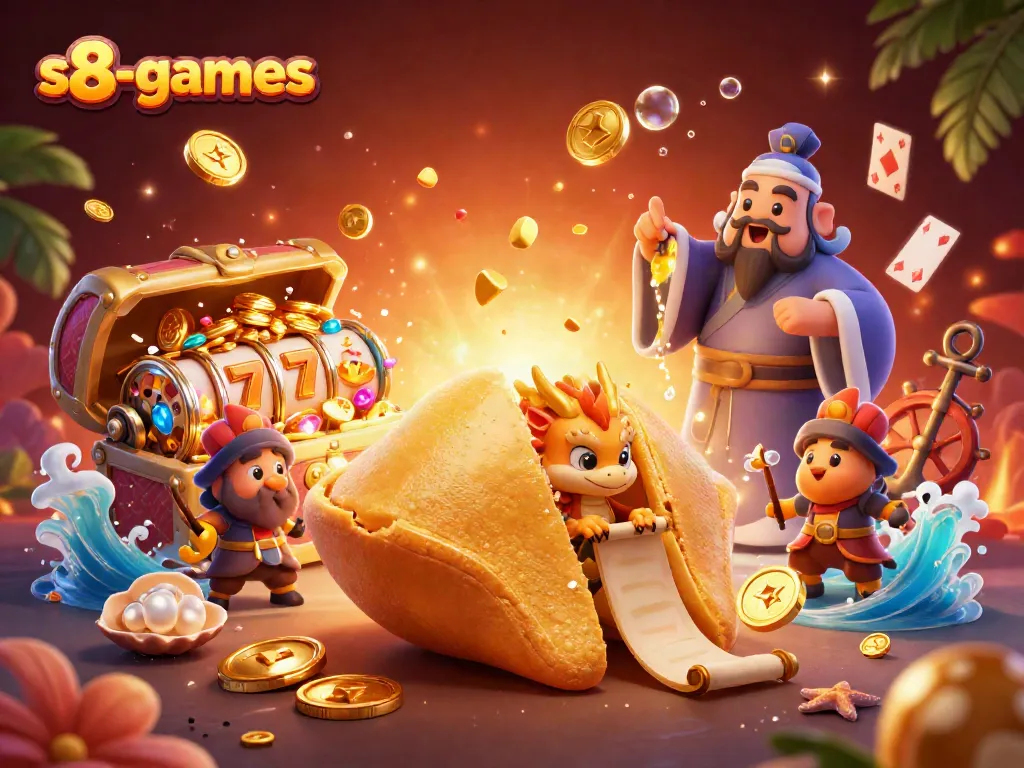 Experience thrilling s8-games adventure with a vibrant casino scene filled with golden treasures and playful characters.