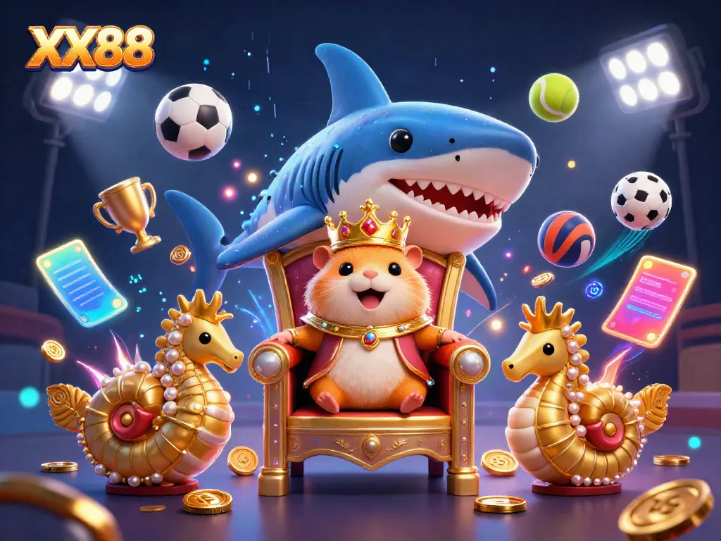 Experience thrilling casino gameplay with XX88 represented by a fierce golden hamster king surrounded by vibrant sports elements.