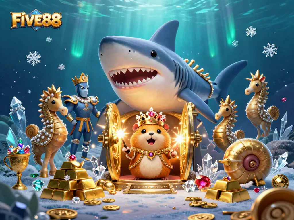 FIVE88's dynamic casino scene showcases the golden hamster king in a treasure-filled underwater world.
