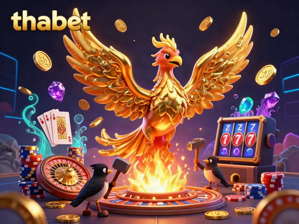 Experience the thrill of thabet with a golden phoenix rising in a captivating casino scene.