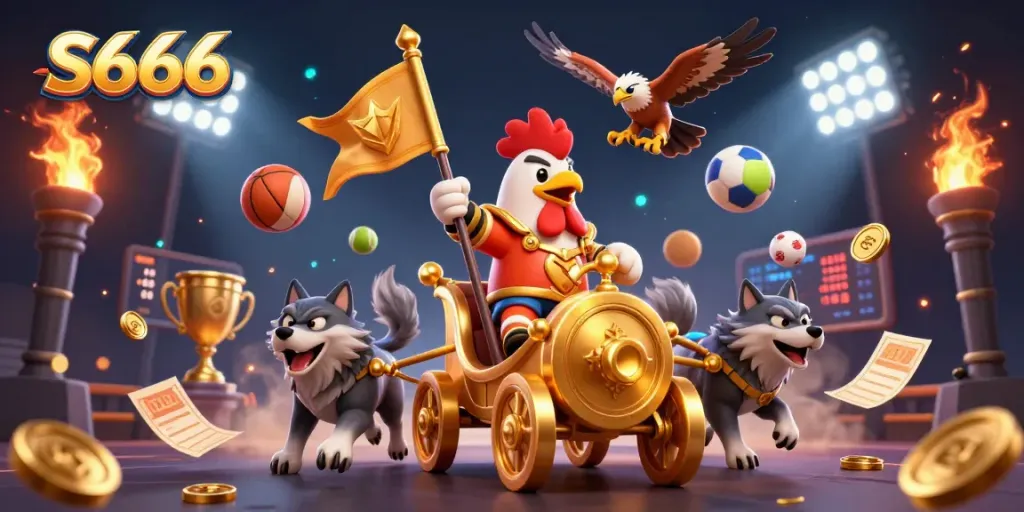 S666 engages players with a vibrant 3D illustration featuring a rooster warrior and dynamic sports elements.
