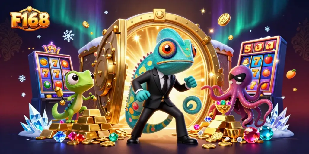 Engage with F168's thrilling slot adventures featuring vibrant characters and dynamic gaming elements in a rich casino atmosphere.