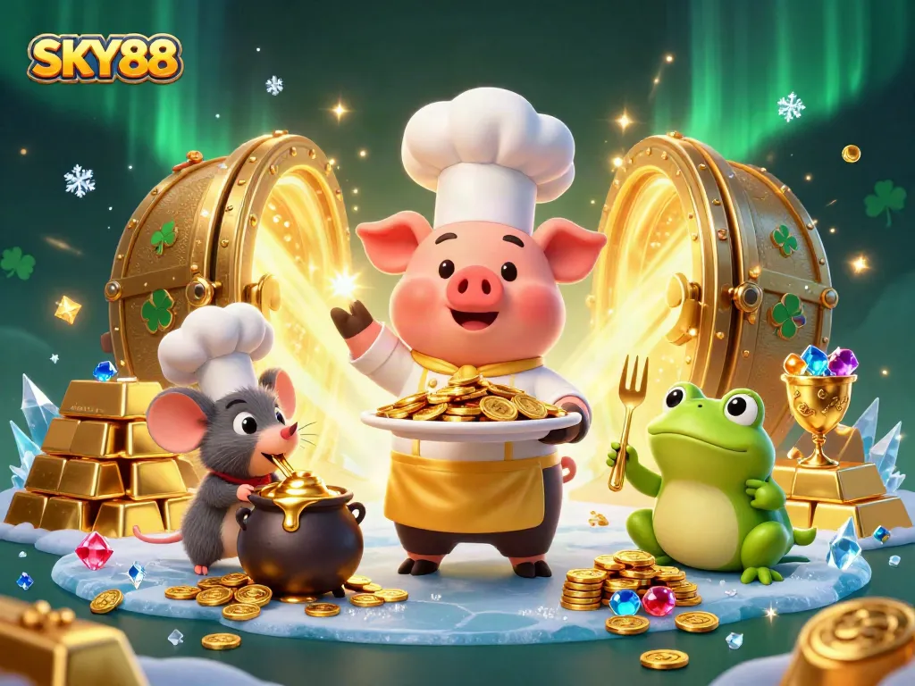 SKY88 enhances the gaming experience with vibrant characters and treasures showcasing online casino excitement.