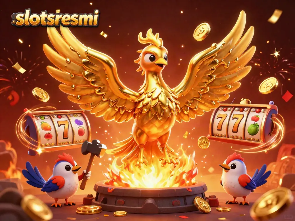 Experience thrilling wins at slotsresmi as a golden phoenix emerges with coins in this vibrant casino illustration.
