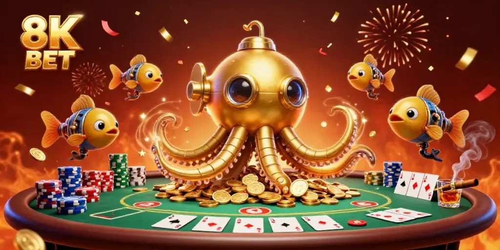Join the thrilling action with 8K BET, featuring a golden kraken submarine and poker elements in an underwater casino world.