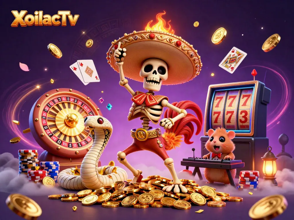 XoilacTv brings vibrant gaming energy with a mariachi rooster celebrating on golden coins in this dynamic casino scene.
