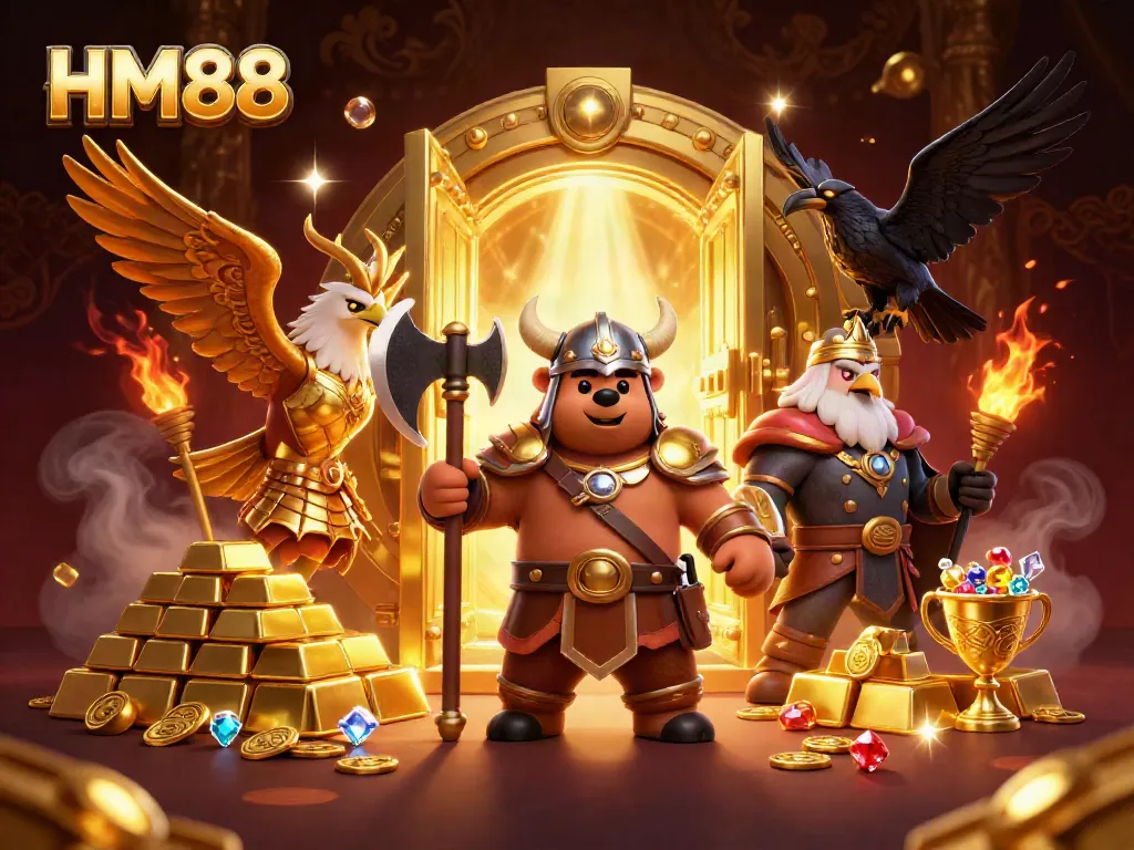 Engage with HM88's vivid scene of casino excitement featuring Viking bear and Valkyrie eagle amidst treasures.