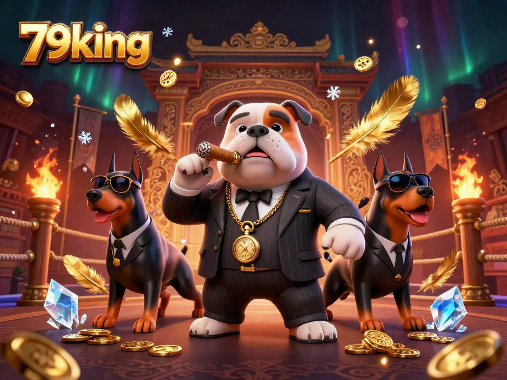 Experience the thrill of 79king with a cartoon mafia boss and bodyguard Dobermans in a vibrant casino scene.