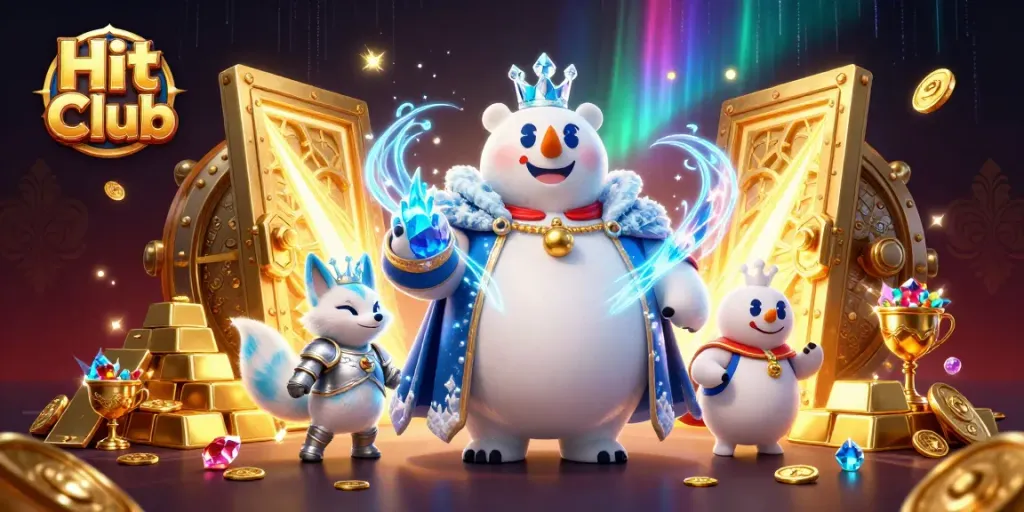 Engage in thrilling gaming at Hit Club with majestic icy characters amidst treasures.