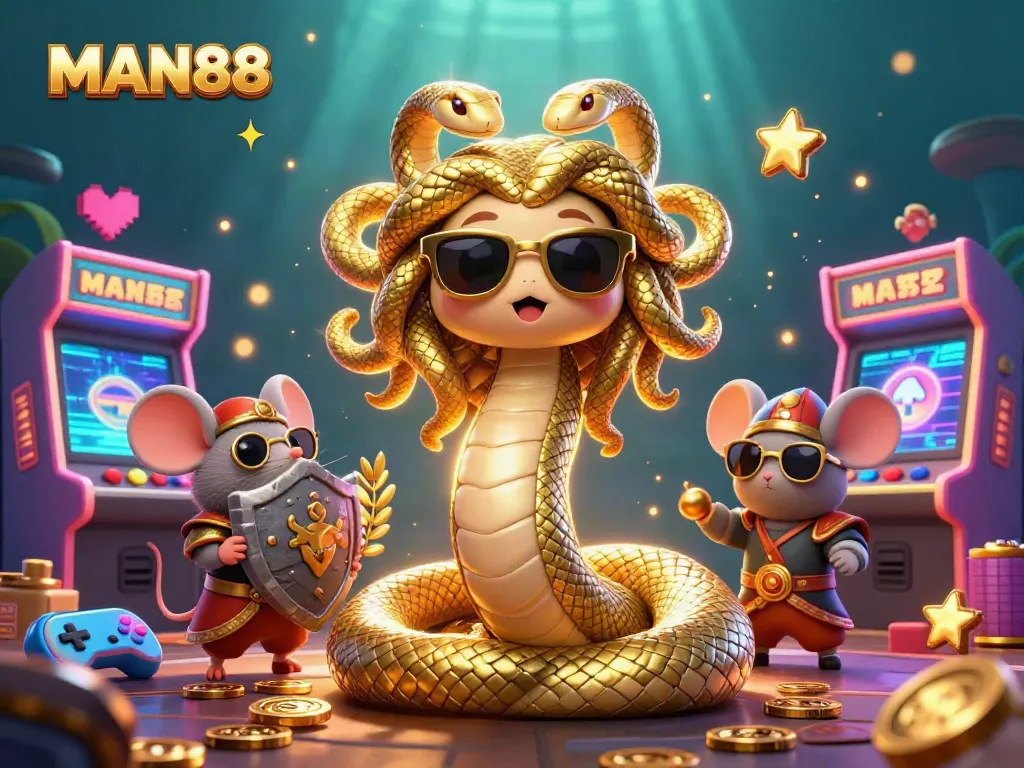 Engage in thrilling experiences at MAN88 with a vivid, interactive 3D casino scene featuring Medusa and arcade elements.