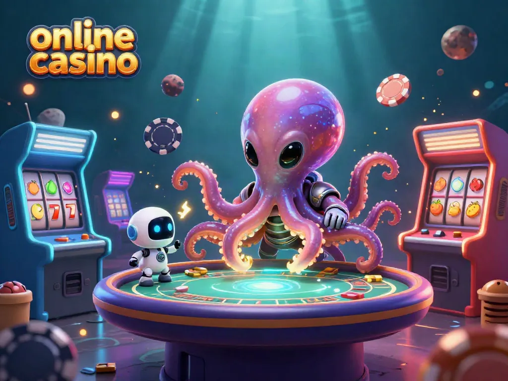 Play immersive online casino games with an alien octopus at a holographic poker table surrounded by dynamic elements.